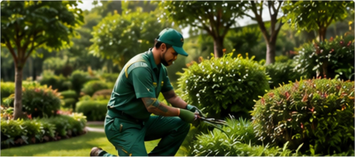 Professional gardener maintaining a landscaped garden